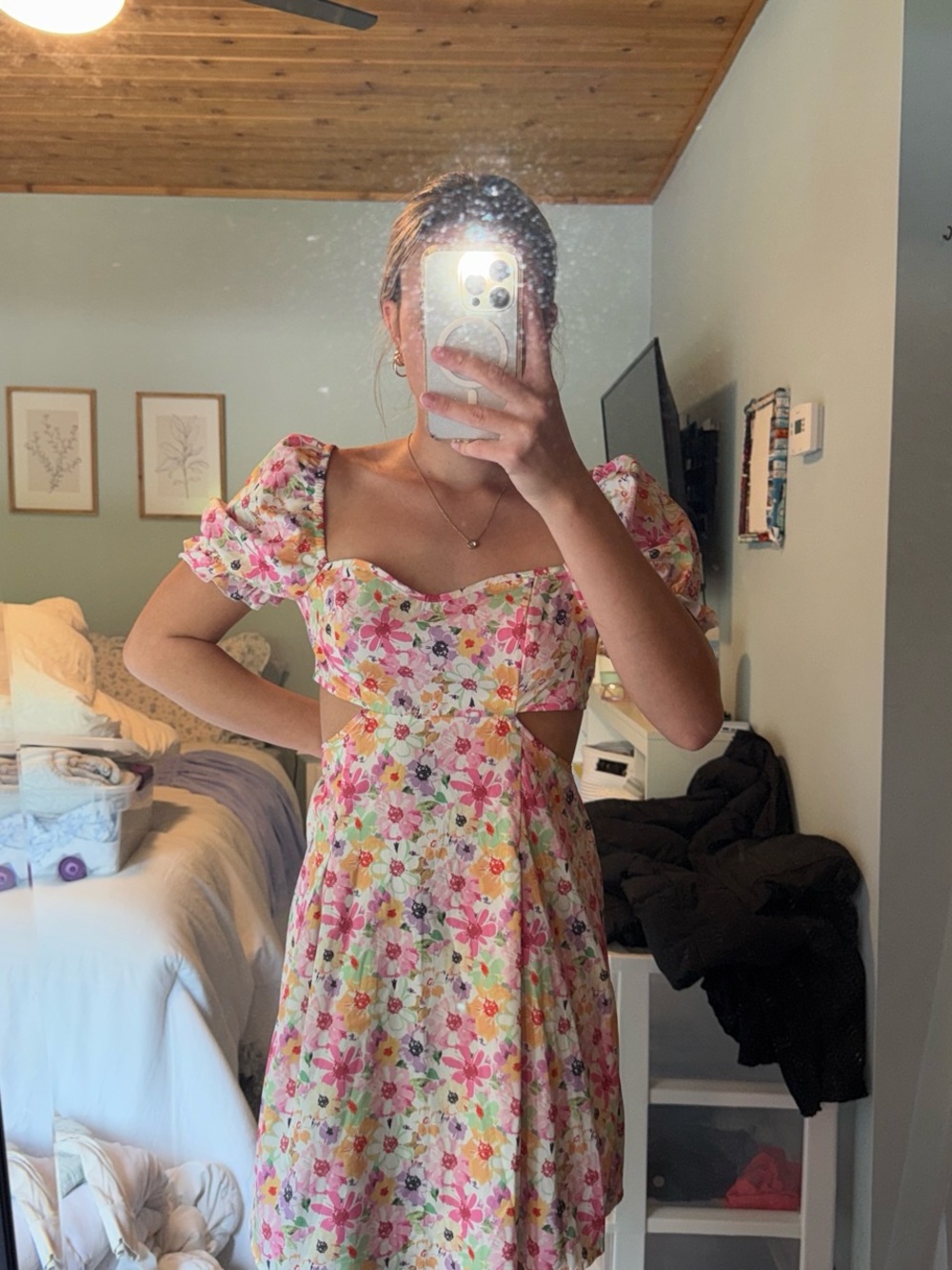 Amazon Pink Multi Floral Mini Dress with Puff Sleeves